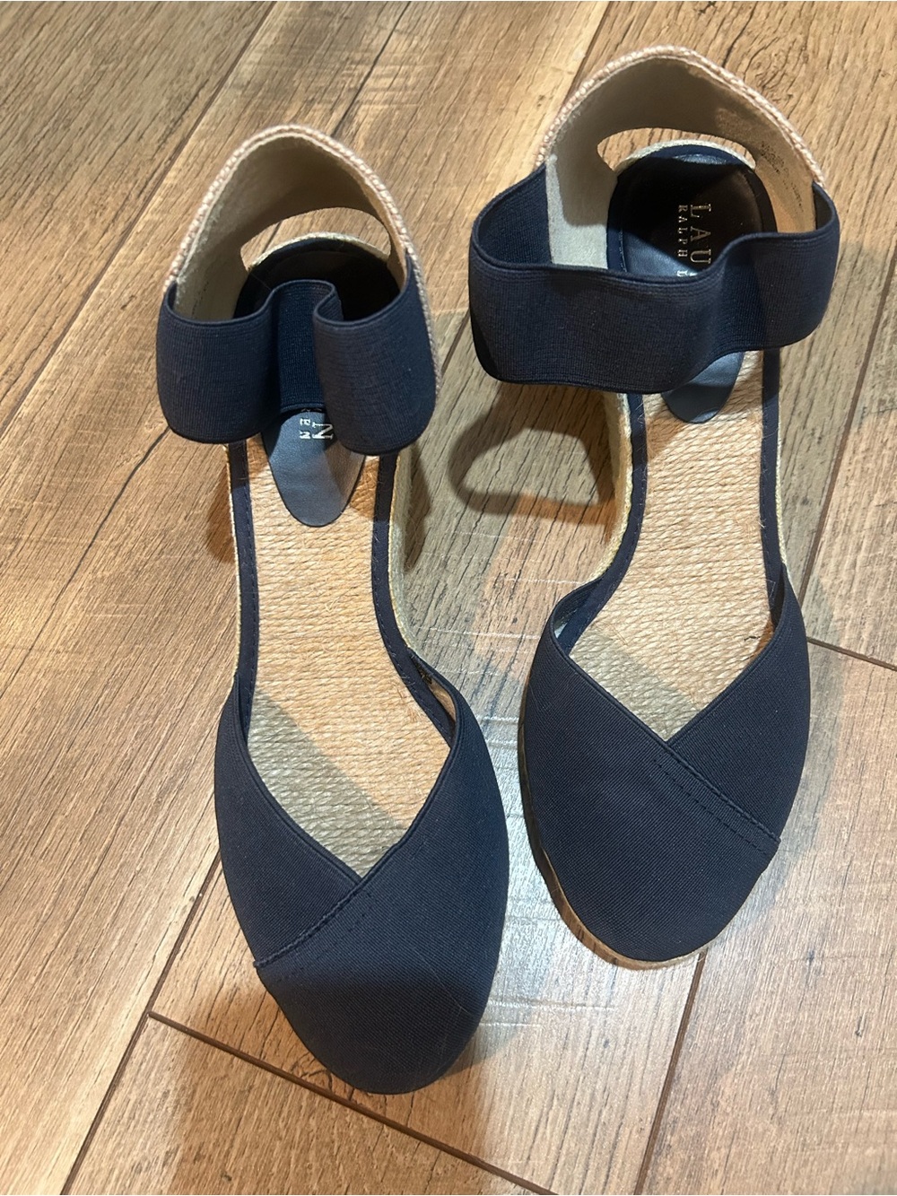 Ralph Lauren Womans Size 10 Charla Navy Beige Elastic Wedge Sandals Preppy